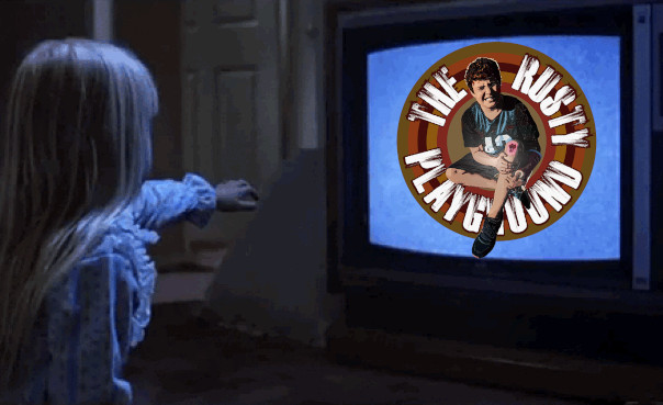 poltergeist girl reaching for tv with the rusty playground logo showing